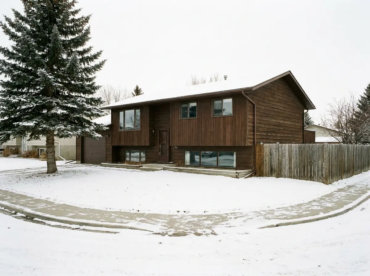A 1980s bi-level house on a snowy Airdrie corner lot, its large lower-level windows sitting half above the ground on either side of a split front entry.