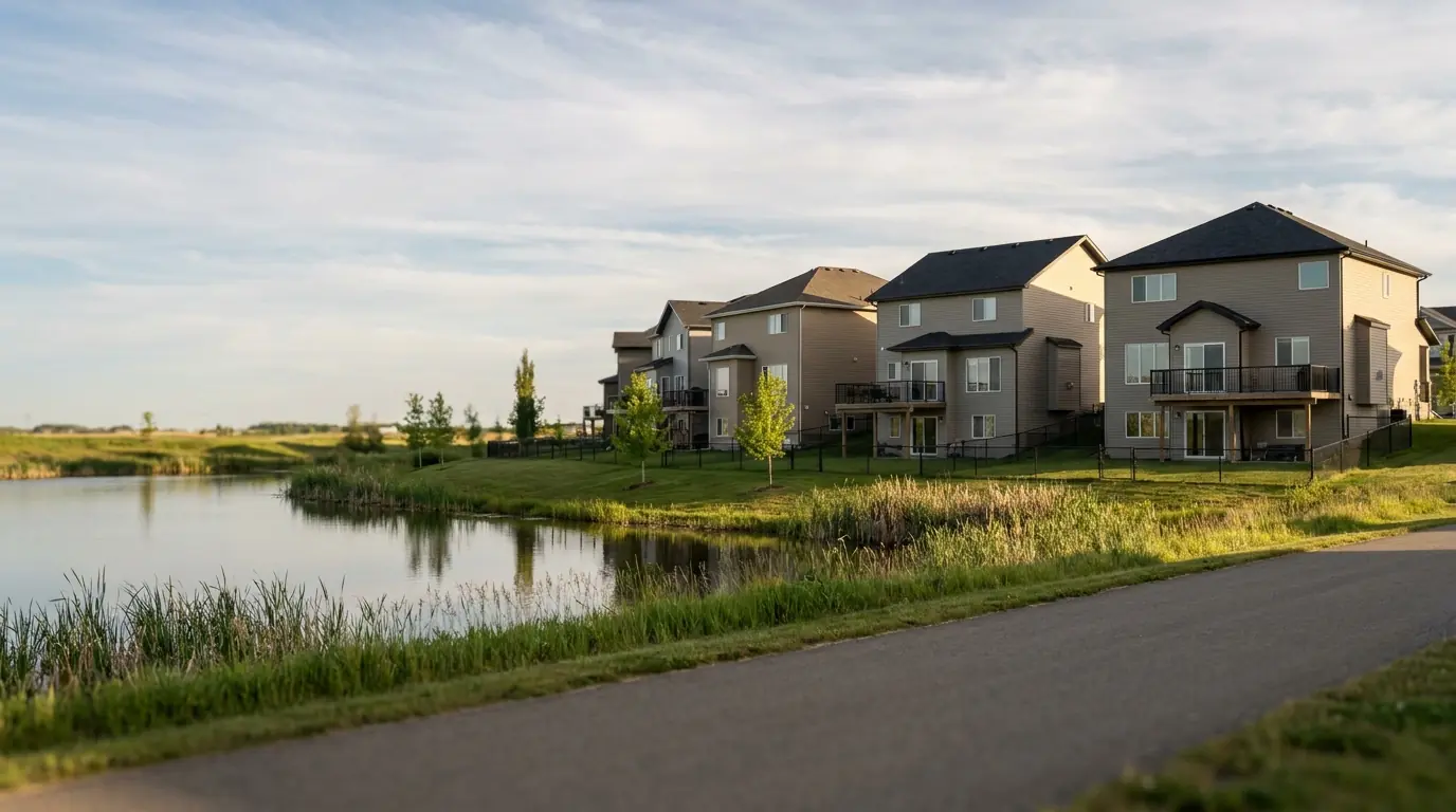 The rear yards of 2010s two-storey houses in Airdrie seen across a stormwater pond from a paved path, some with walk-out basement doors facing the water.