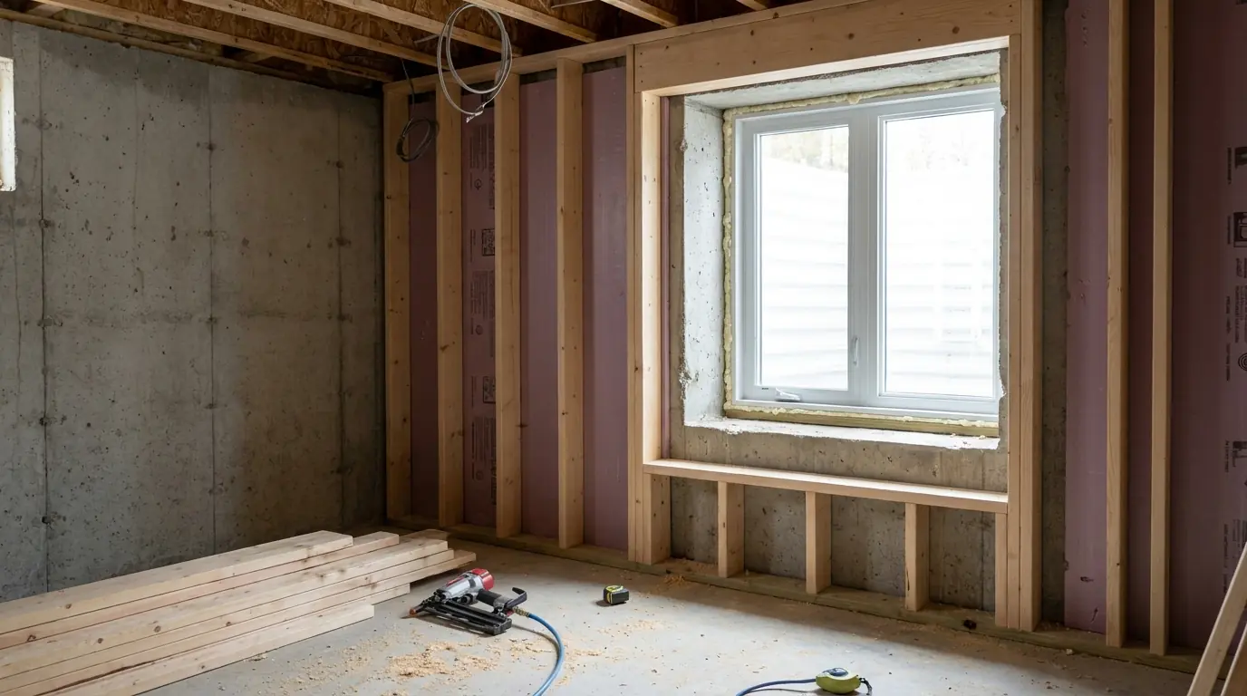 An unfinished basement with new stud walls framed up to a large white egress window already set in the concrete foundation, foam board on the wall.