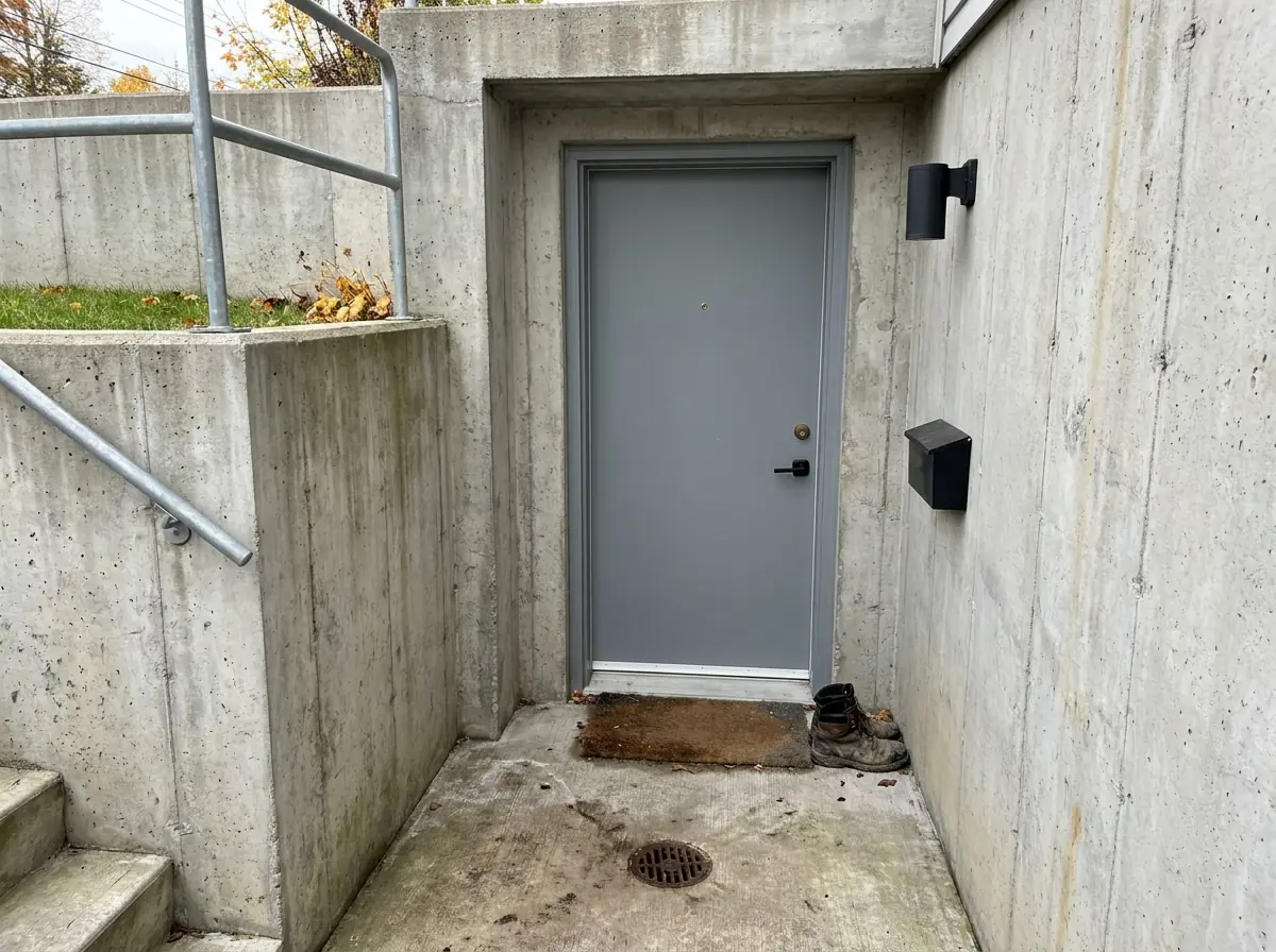 At the lower landing of a basement stairwell, a sturdy grey steel suite door with a lever handle and deadbolt, a plain doormat, a wall light and a floor drain.
