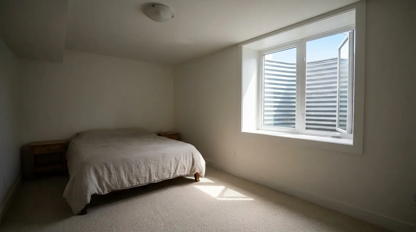 A wide finished basement bedroom on a summer morning, sunlight pouring through a large open casement window set high in the wall onto pale carpet.