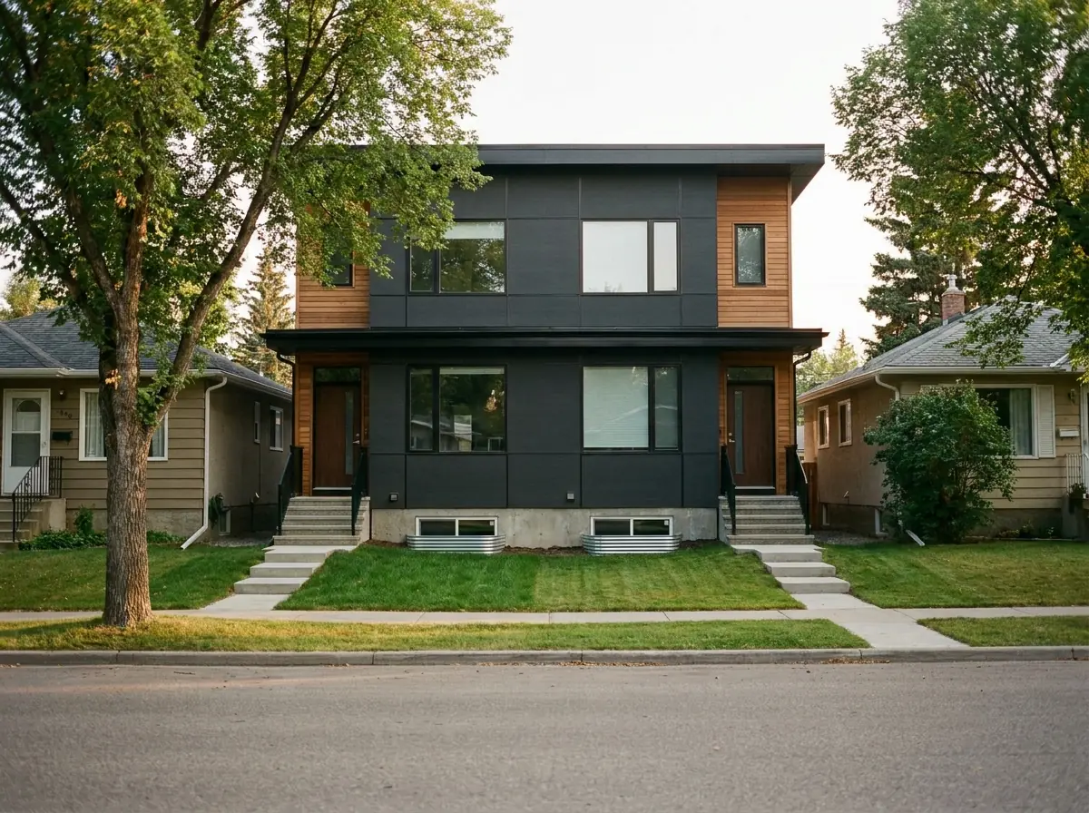A newer pair of tall semi-detached infill homes on a narrow inner-city Calgary lot between older bungalows, basement windows set in small front wells.