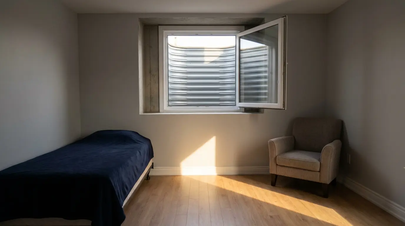 A compact basement suite bedroom in late afternoon, a single bed and armchair either side of clear floor below a wide open casement window high on the wall.