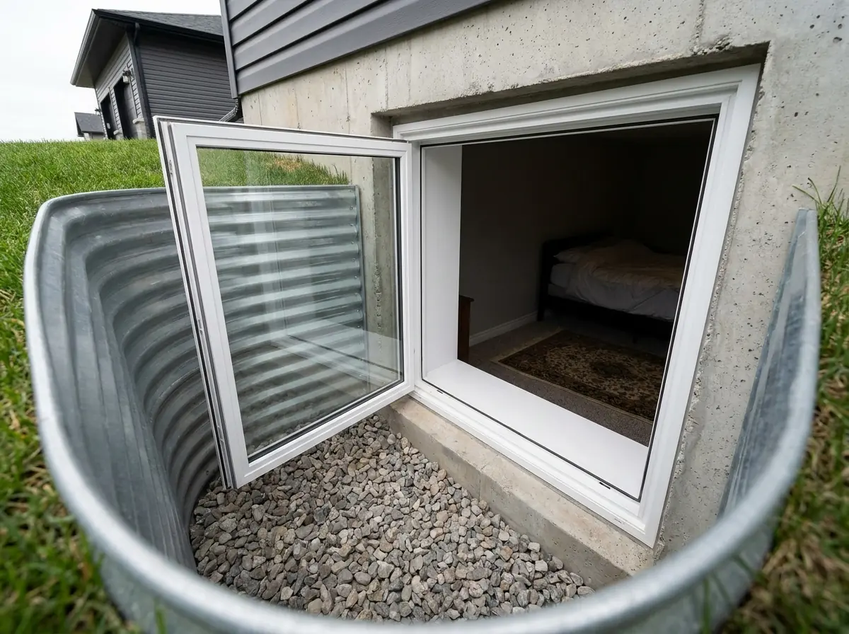 From inside a window well, a white casement basement window with its sash swung out fully to one side, leaving the entire frame an open gap into the room.