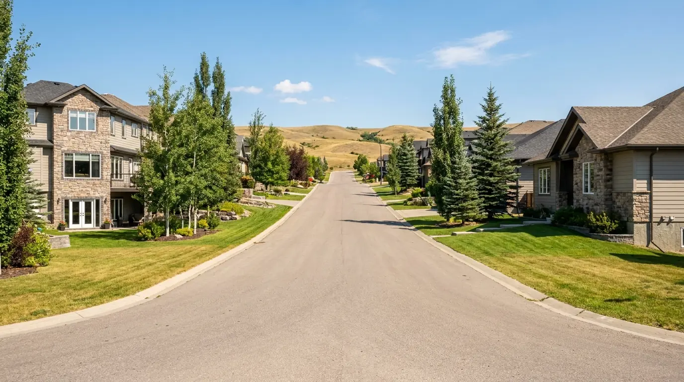 Looking up a steep Cochrane street in summer, where houses on the downhill side show full walk-out basement levels and those uphill sit low on their lots.