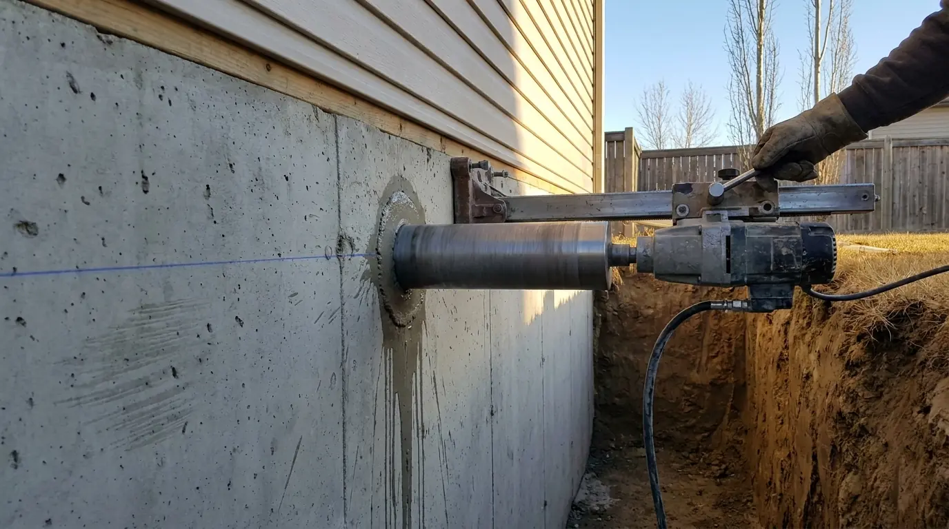 Early morning in a fresh trench, a diamond core drill bolted to a basement foundation wall boring a round hole at one corner of a chalked outline.