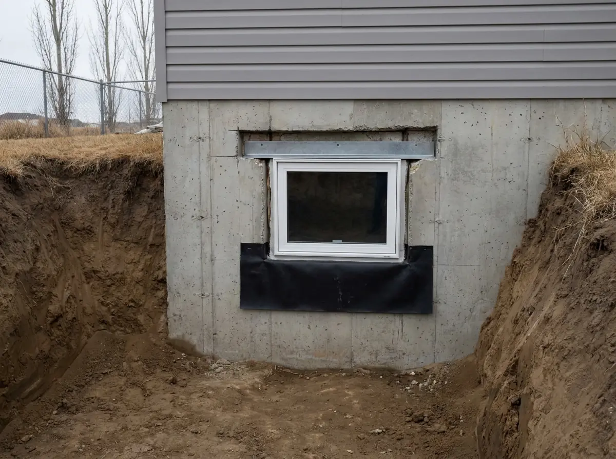 Outside a house in an open clay trench, a new basement window set tight under a steel lintel with membrane lapped over the sill, left uncovered for inspection.