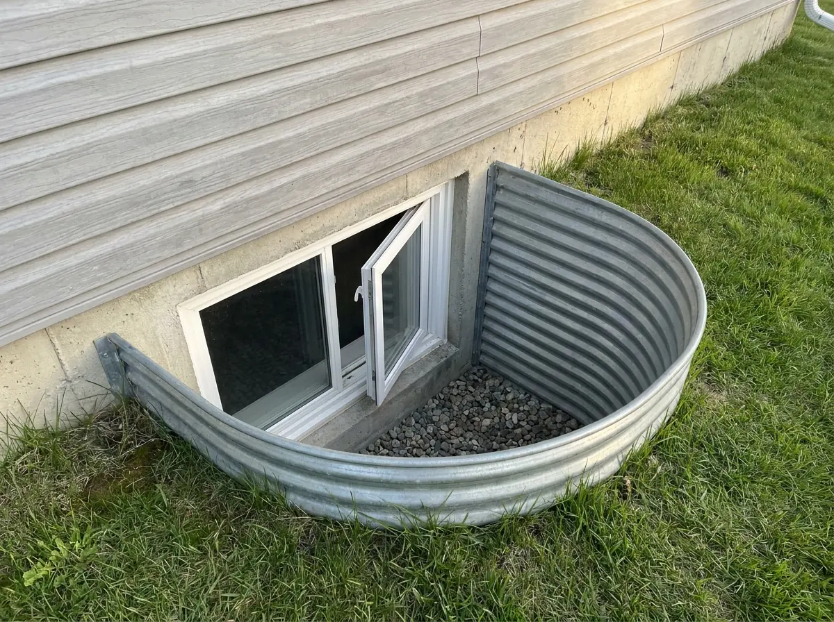 Seen from a low angle at lawn level, a large white basement window with its sash open sits below grade inside a galvanized well under grey vinyl siding.