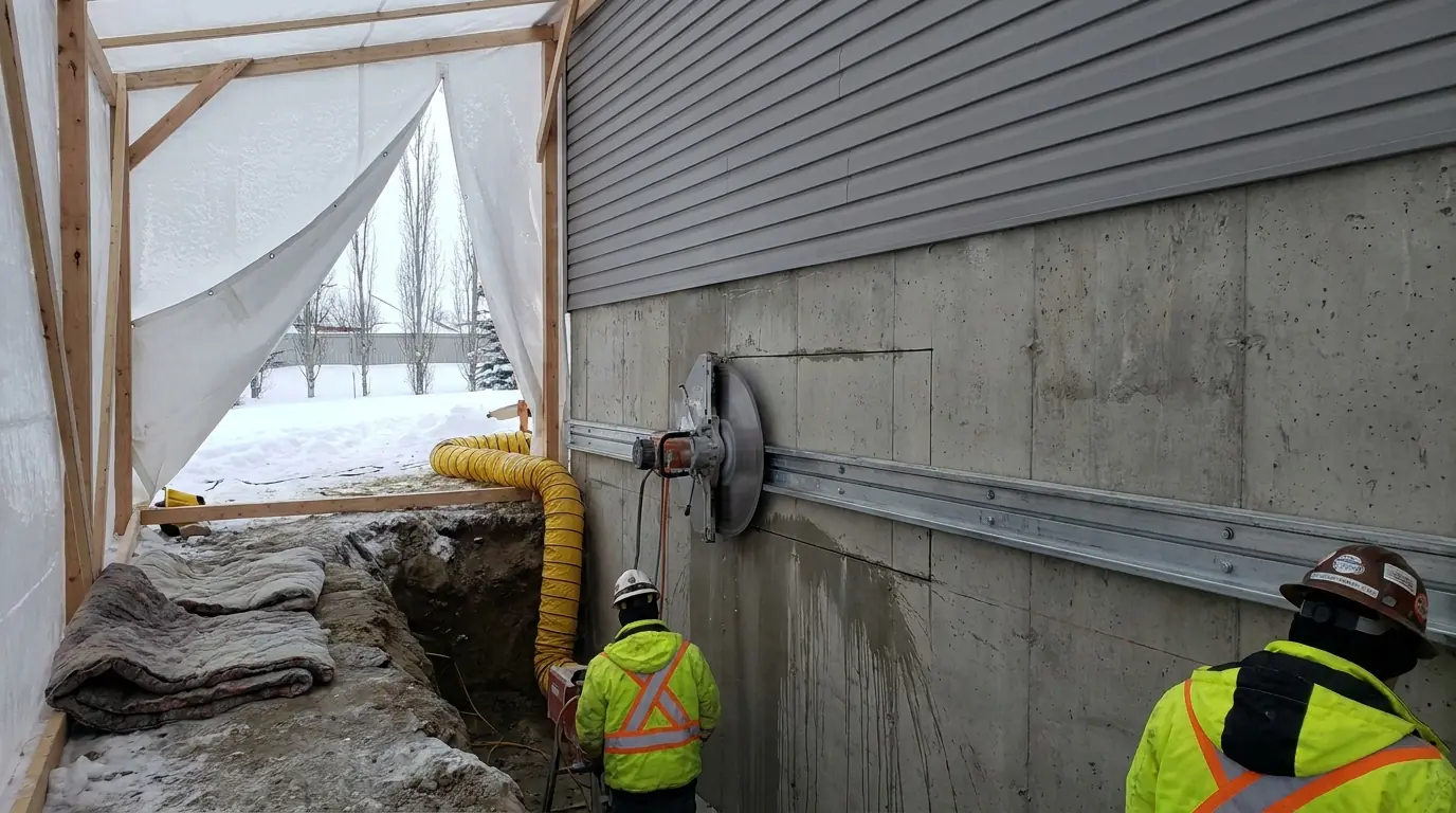 Inside a tarp shelter over a winter dig, a wall saw cuts a basement foundation while a heater duct blows warm air and snow shows through the open flap.