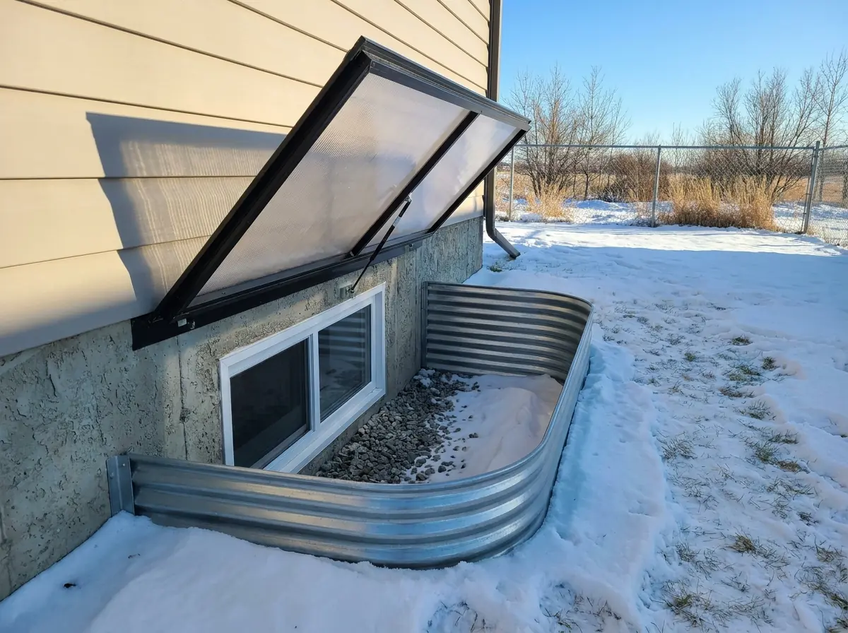 A flat clear window well cover in a black steel frame propped open on its hinge above a galvanized well, snow on the lawn and a basement window below.