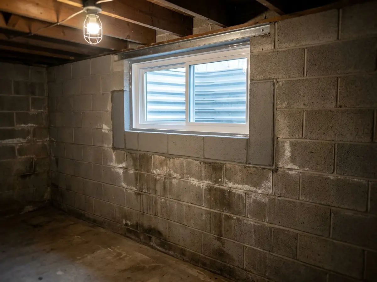 A new white vinyl sliding window set in a grey concrete block basement wall, the cut jambs beside the frame grouted solid and a steel lintel across the top.