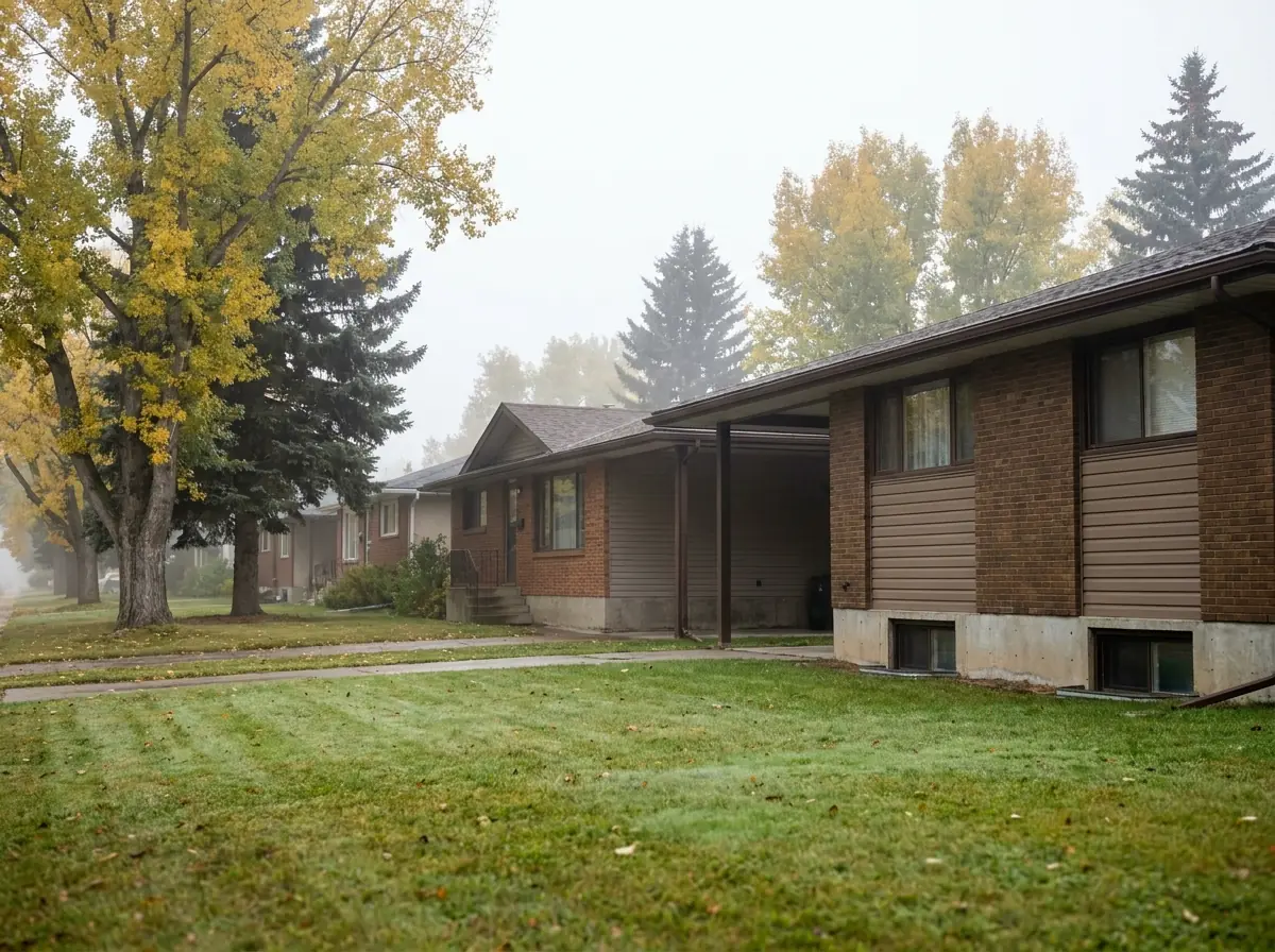 A row of 1970s bungalows in an established Okotoks neighbourhood with big spruce trees and carports, low foundations holding small basement windows.