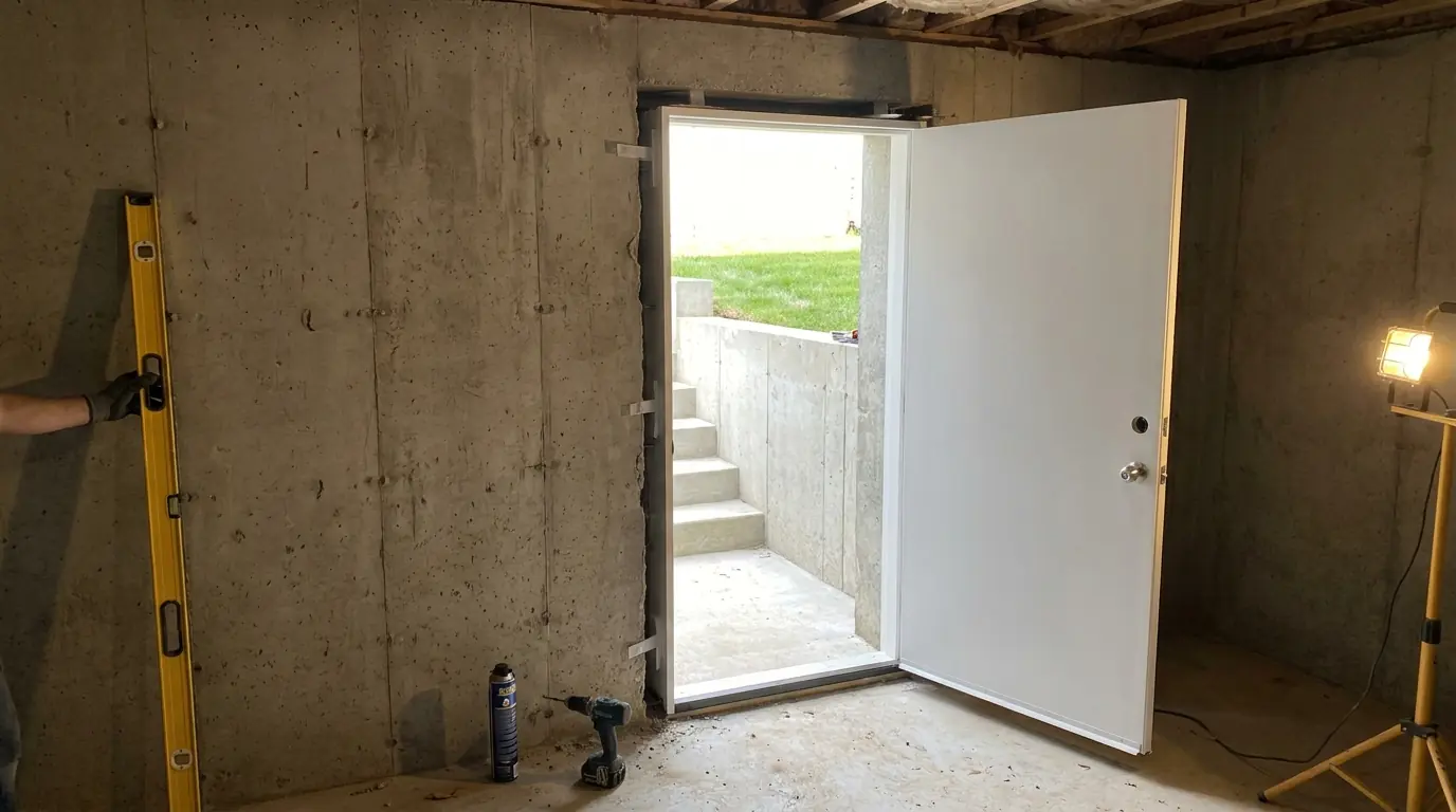 From inside an unfinished basement, a pre-hung steel door frame being shimmed plumb in a doorway sawn through the concrete foundation, daylight beyond.