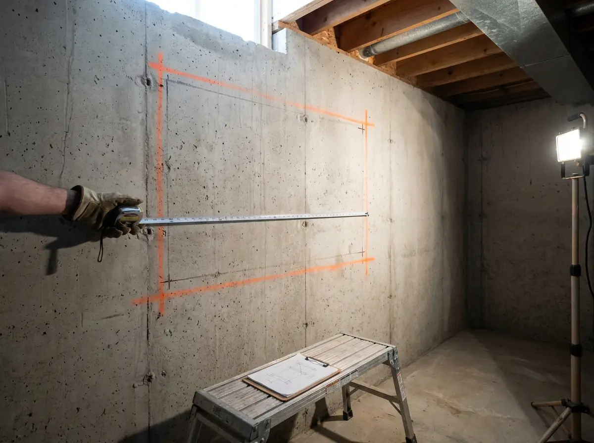 A steel tape stretched along the bare concrete wall of an unfinished basement, beside a new window opening outlined in orange marking paint but not yet cut.