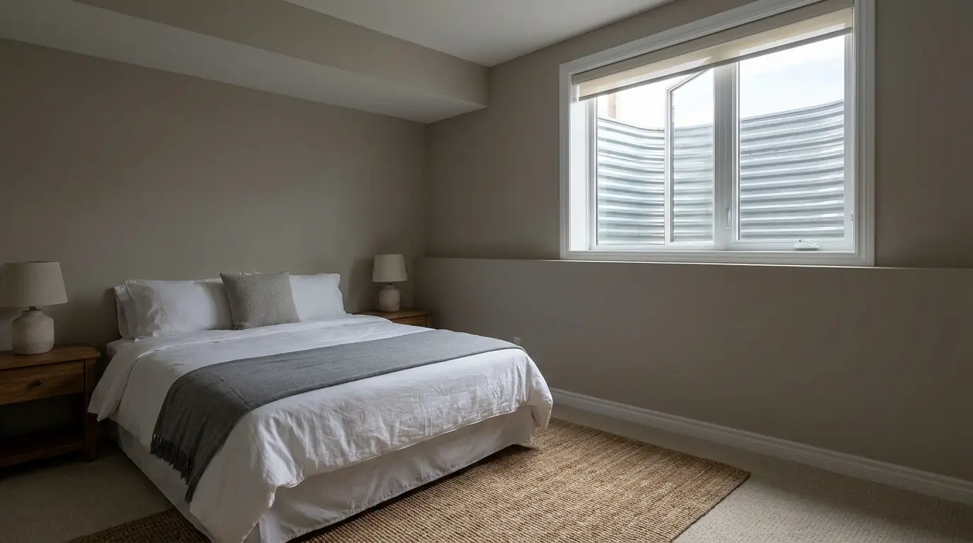A staged basement bedroom with a made bed, lamps and rug, seen from the foot of the bed toward a large window high in the wall bringing in soft daylight.