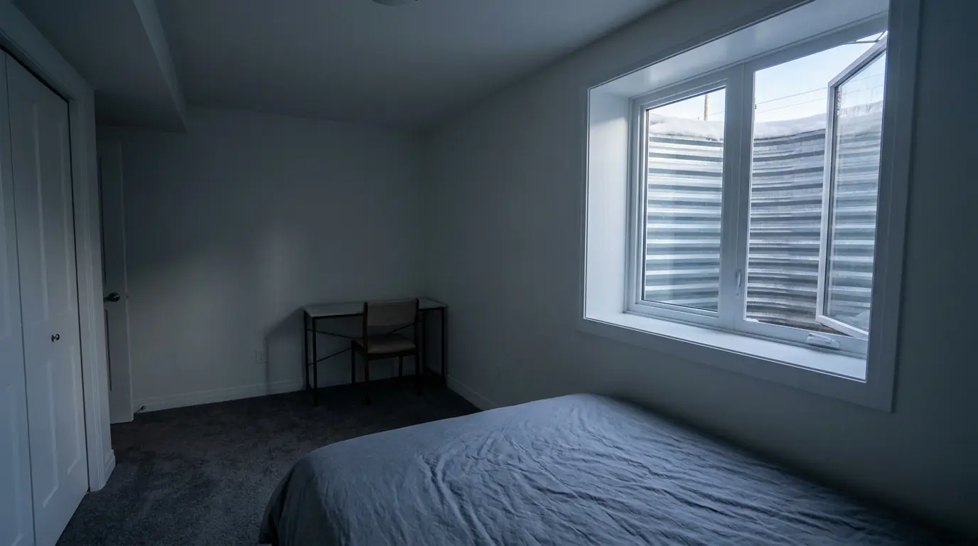 A furnished basement suite bedroom on a winter day, with a wide open casement window above clear floor and a little snow lying on the well rim outside.