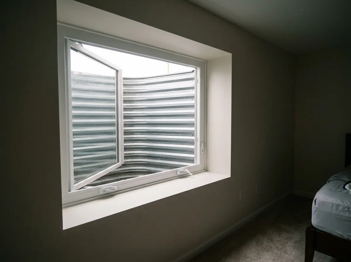 A white casement window in a basement suite bedroom cranked wide open into a galvanized well, its small folding crank handle tucked at the base of the frame.