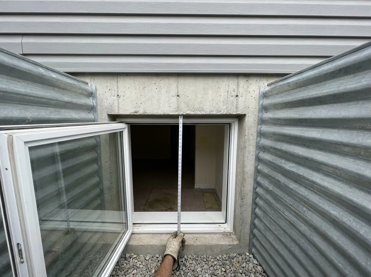 Seen from inside a window well, a tape measure held upright in the open gap of a white casement basement window, sash swung wide, deep concrete around it.
