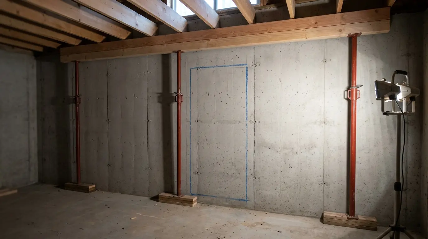 Three adjustable steel posts in a row carry one timber beam under the joists of an unfinished basement, before a concrete wall with a doorway chalked on it.