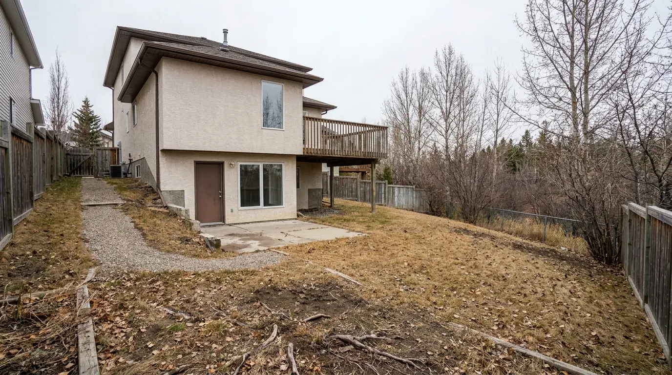 The back of a two-storey house on a lot that slopes down toward a ravine, with a walk-out basement door opening at ground level onto a small concrete patio.
