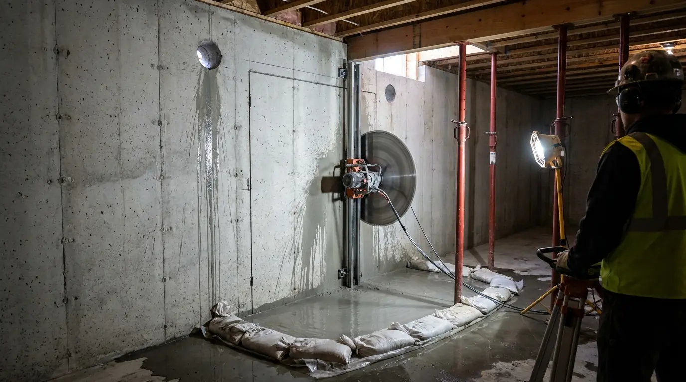Inside an unfinished basement, a track-mounted wall saw cutting one vertical side of a doorway in the poured foundation, slurry spreading across the floor.